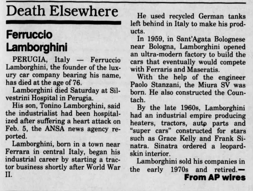 Άρθρο για τον θάνατο του Ferruccio Lombarghini το 1993
