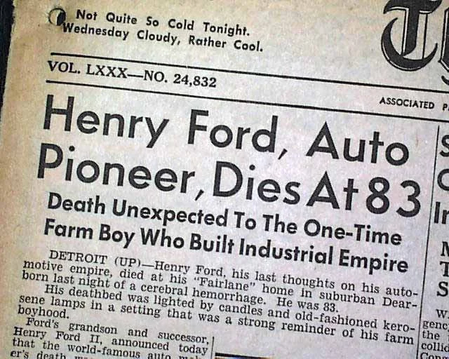 Άρθρο για τον θάνατο του Χένρι Φορντ το 1947